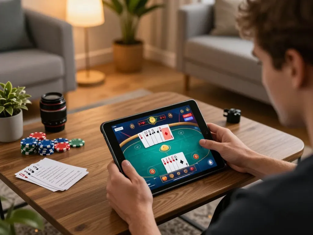 Player enjoying an online poker game at home using XOCDIA88, showcasing an engaging gaming interface and lively atmosphere.