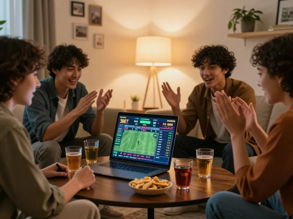 Friends joyfully placing bets on 3BET during an online sports betting night at home.