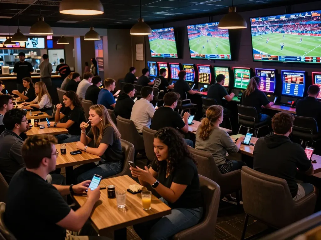 bl555 enthusiasts cheering during live sports betting in a lively lounge environment