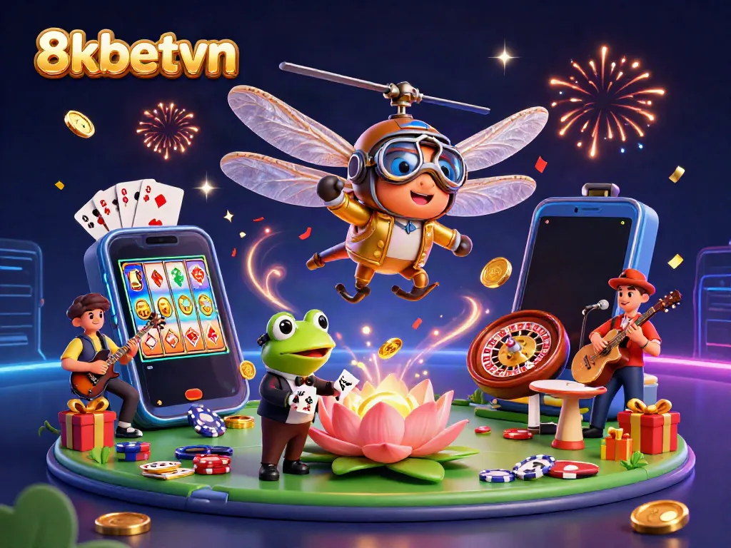 Experience thrilling gameplay at 8xbetvn with a dynamic casino scene featuring a dragonfly pilot and frog croupier.