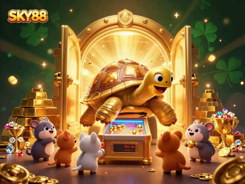 Experience the excitement of SKY88 in a vibrant casino-themed illustration with treasure vaults.