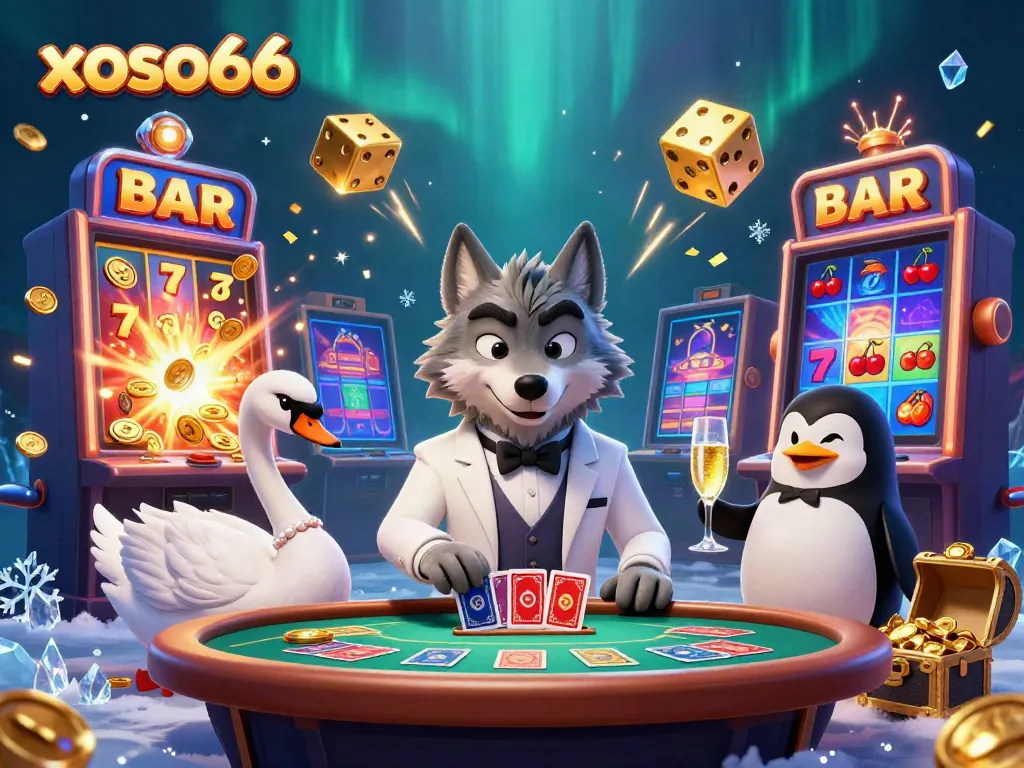 Experience the thrilling atmosphere of xoso66 with a vibrant casino scene featuring a debonair wolf, swan dealer, and penguin sommelier.