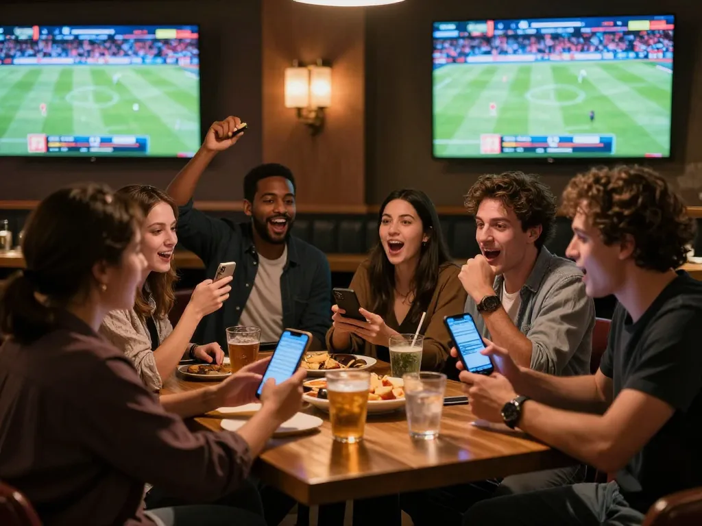 Kèo nhà cái hôm nay engaging audience at a vibrant sports bar with friends making bets on mobile apps