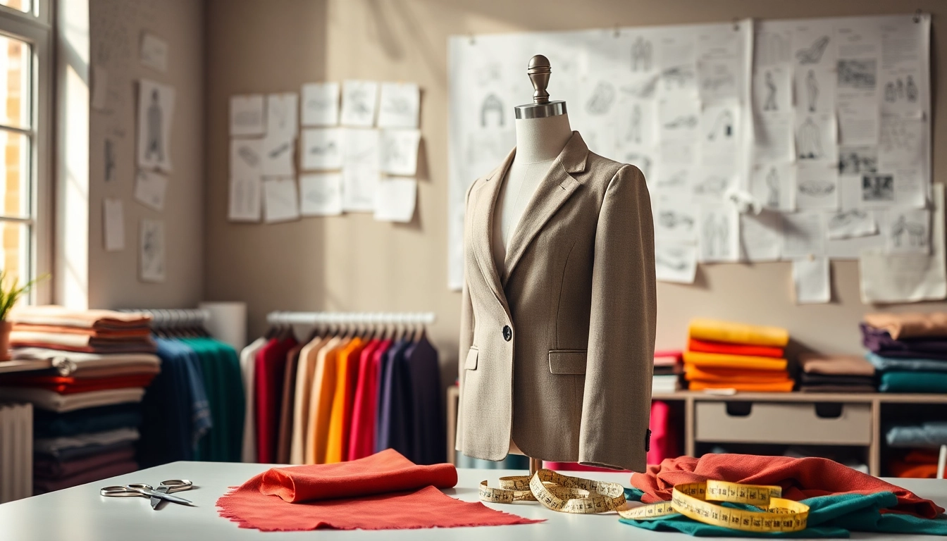 Showcase of an Apparel Manufacturer's workspace with tailored blazers and creative tools.