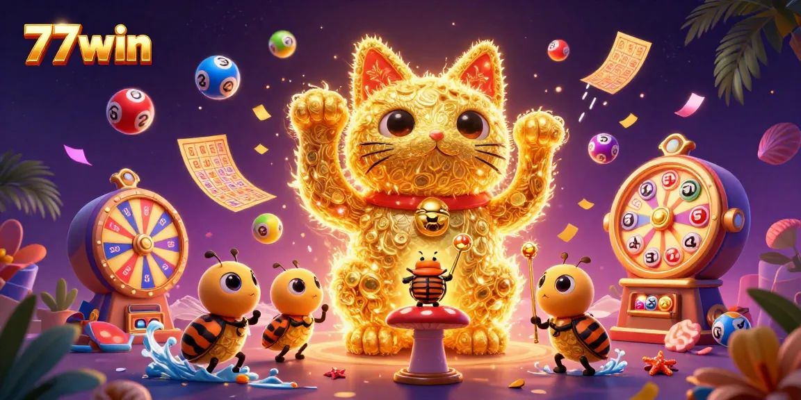 Experience the thrill of 77win with golden fireflies, lucky cat symbols, and dynamic casino elements.