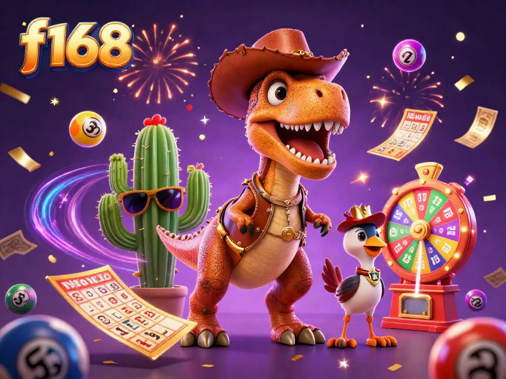 Engage with f 168 through vibrant lottery elements and cartoon characters in an exciting casino setting