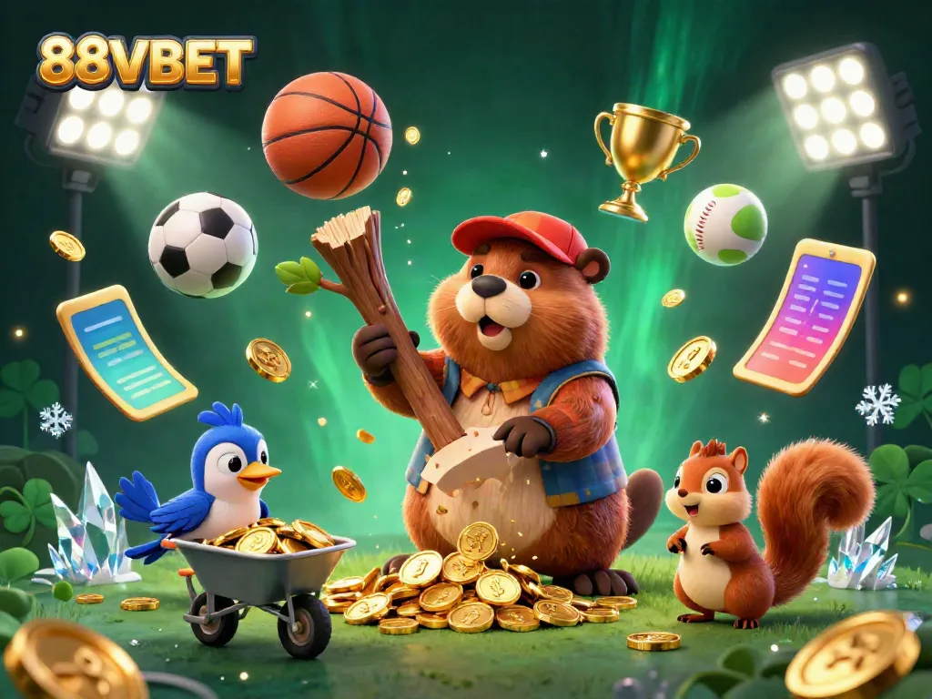 A 3D cartoon lumberjack beaver celebrating winning moments at 88VBET with golden coins and sports elements