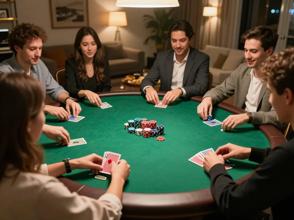 Friends engage in poker night with LU88XZ, showcasing gameplay at a cozy home table.