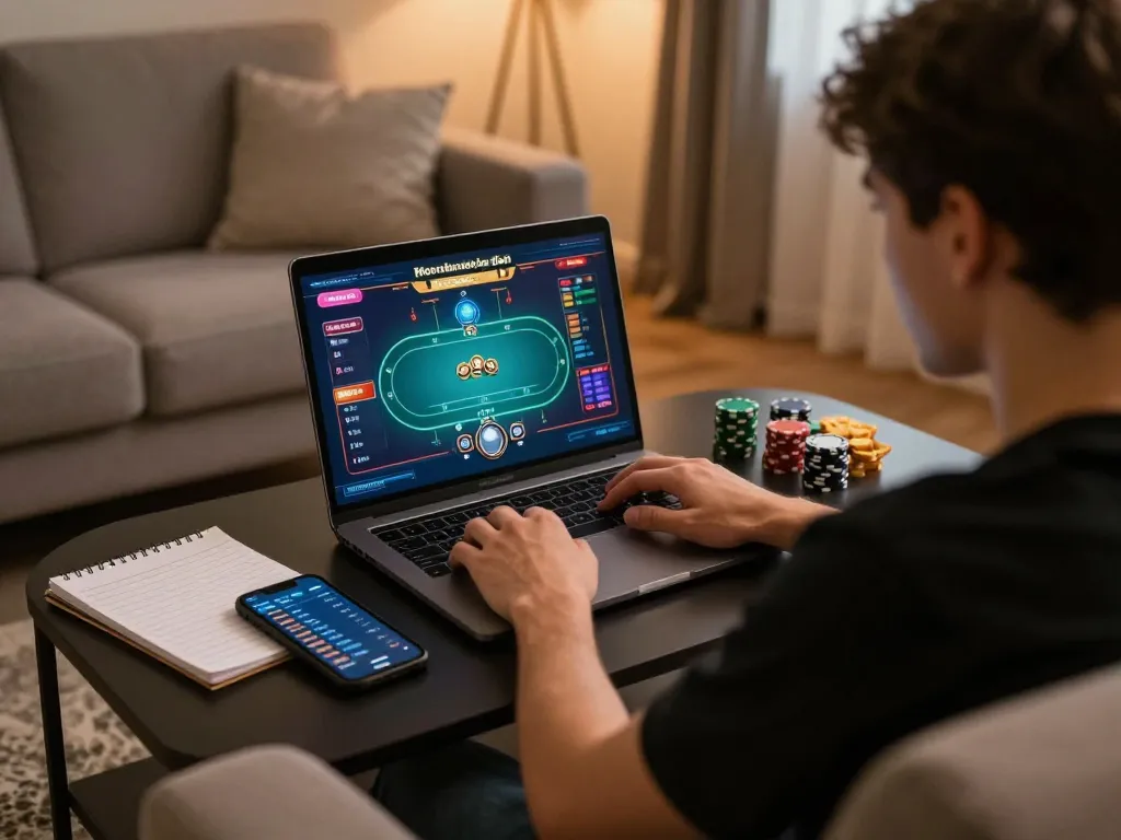 Player engaged in an online poker game, showcasing new88blog strategies for responsible gambling.