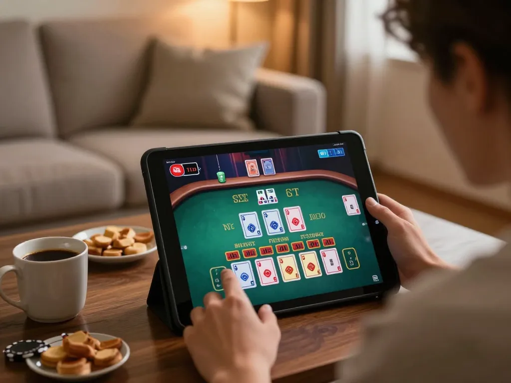 Engaging online gameplay at nhà cái hz88, player focusing on blackjack table on tablet.