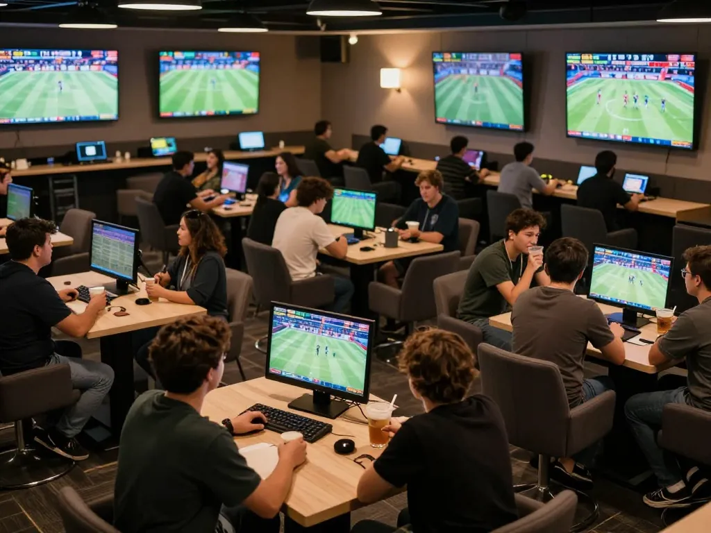 Experience thrilling sports betting at TIP88, lively lounge filled with excited patrons making wagers.