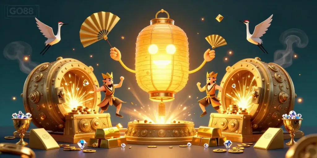 Join the vibrant GO88 casino experience with golden lanterns, treasure, and fortune symbols.
