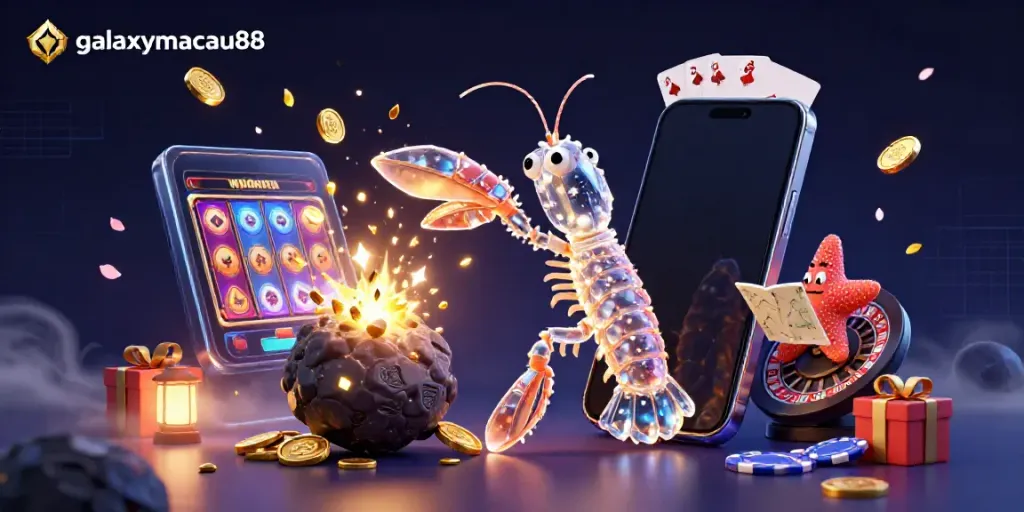 Experience an engaging scene featuring galaxymacau88, with a galactic mantis shrimp battling through an asteroid, surrounded by vibrant casino elements.