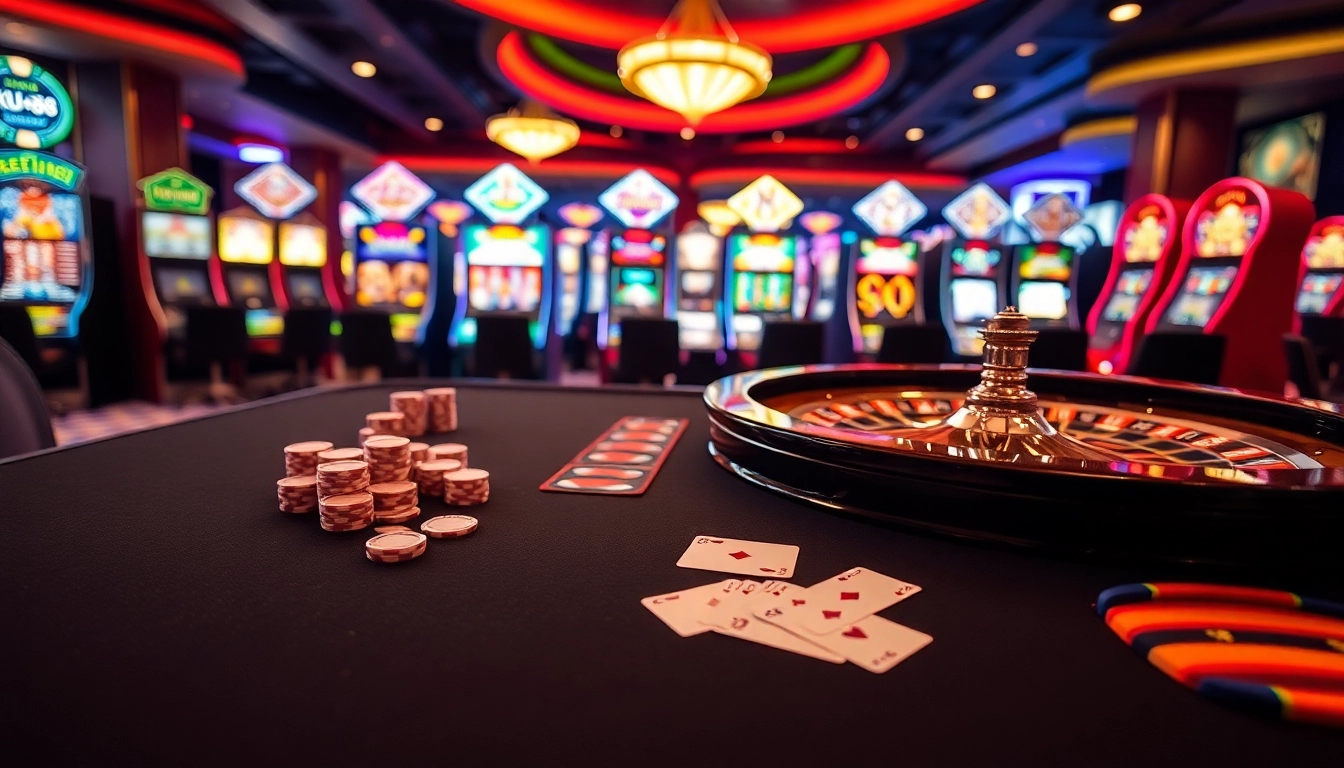 Experience the thrill of ku88 at an exquisite casino table with vibrant gaming elements.