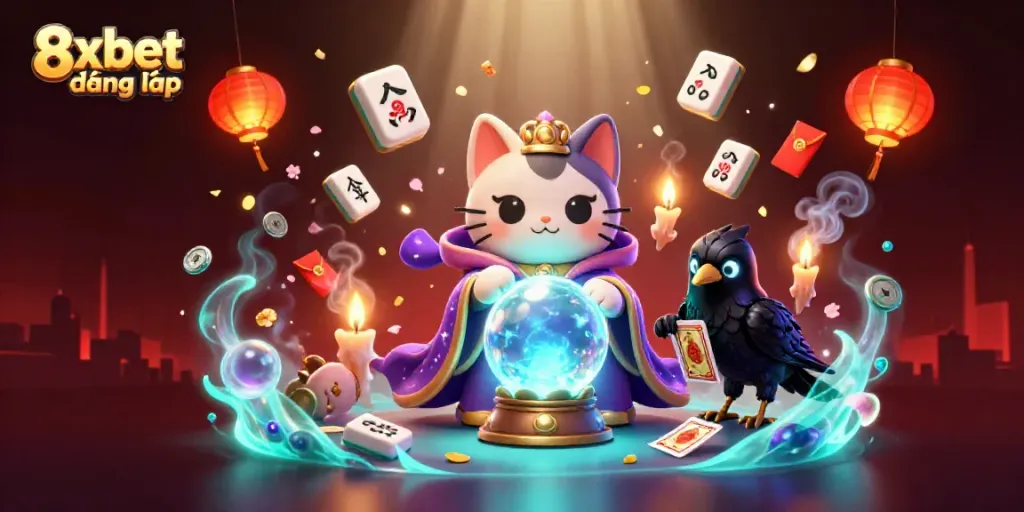 Engage in exciting games at 8xbet đăng nhập with a mystic cat and raven in a vibrant casino scene.