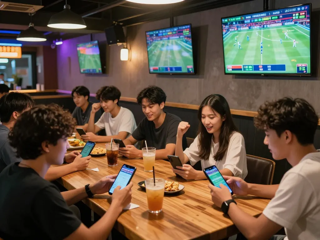 Engaged group cheering on a sports game while placing kèo nhà cái trực tiếp bets on mobile devices