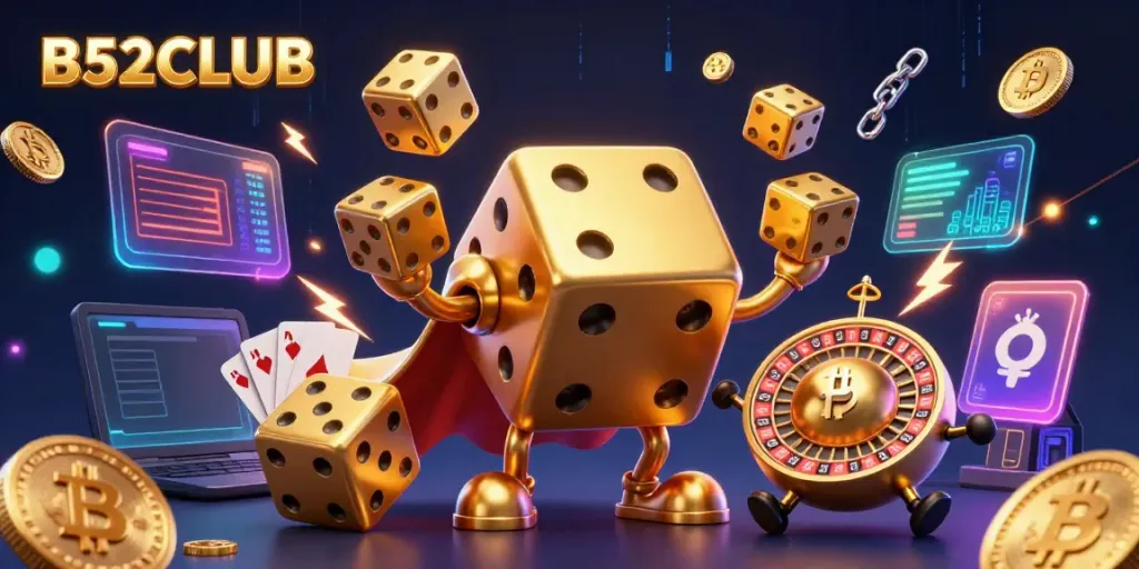 Engage in thrilling games at B52CLUB with dynamic golden dice and crypto elements in a vibrant 3D illustration.