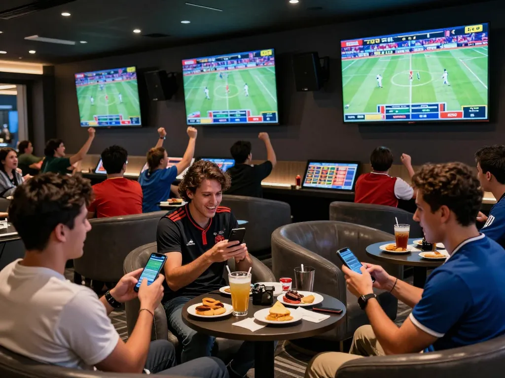 nk88 sports bettors cheering while placing live bets in an upscale lounge atmosphere