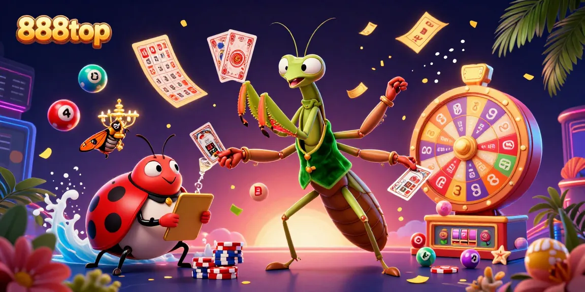 Engage with the vibrant 888top casino scene featuring a giant mantis dealer, lottery balls, and prize excitement.