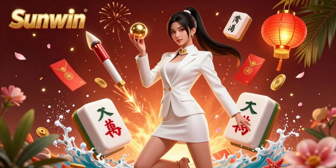 Experience Sunwin's thrilling casino adventure with a stunning Asian woman holding a roulette ball, surrounded by vibrant casino elements.