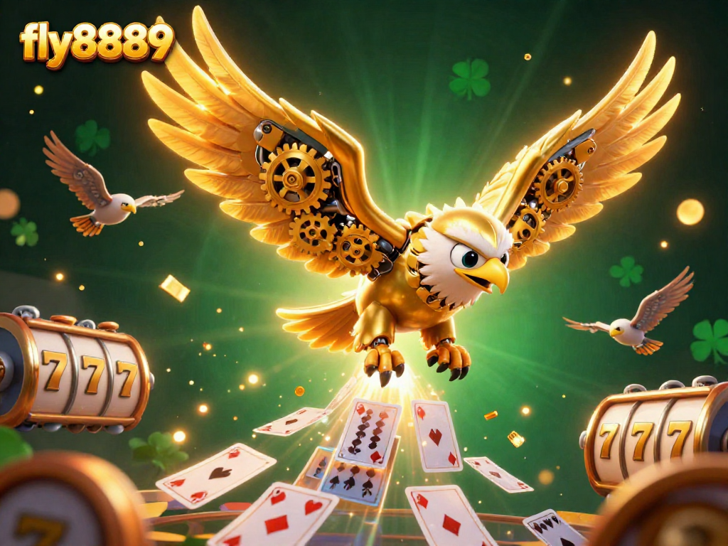Experience thrilling jackpots with fly8889 while a golden eagle dives through vibrant slot reels.