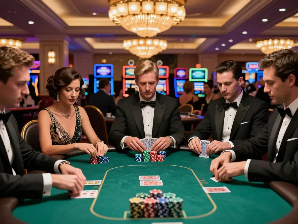 Co88 poker players strategizing at an upscale casino table with vibrant chips.