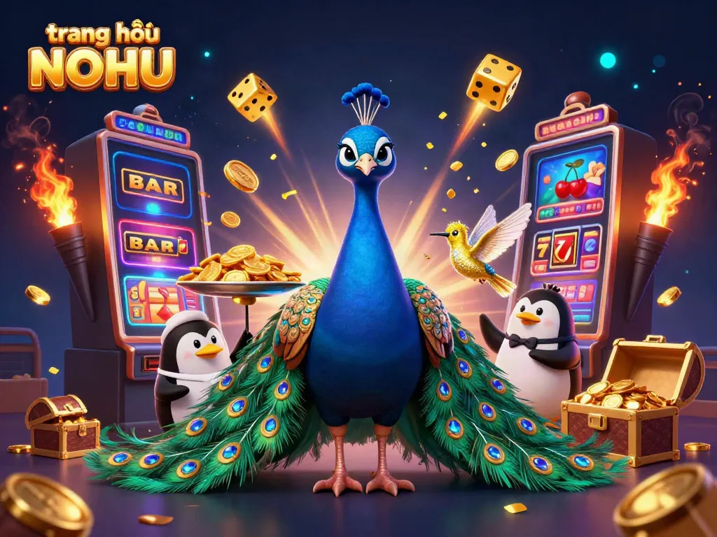 Engaging illustration capturing the vibrant essence of trang chủ NOHU with an aristocratic peacock and golden casino elements.