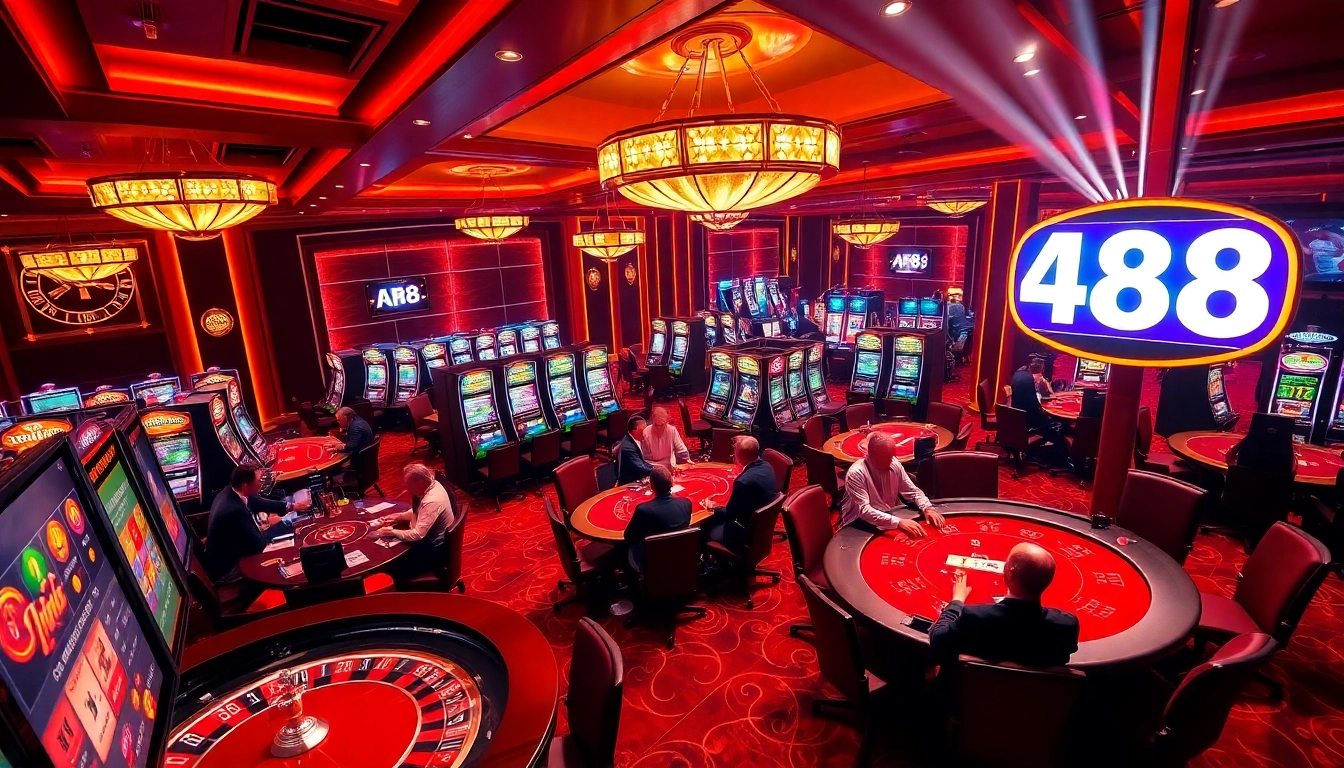AF88 gamblers experience excitement at vibrant casino tables with chips and roulette.