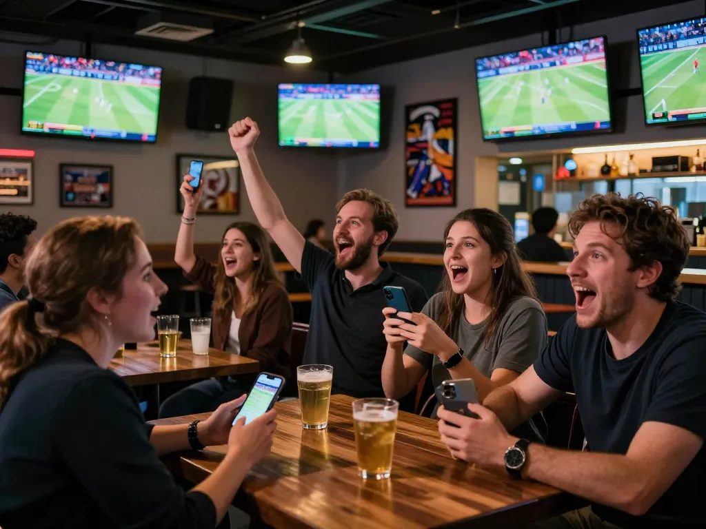 Tic88 users actively placing sports bets during a live event in a vibrant sports bar atmosphere.