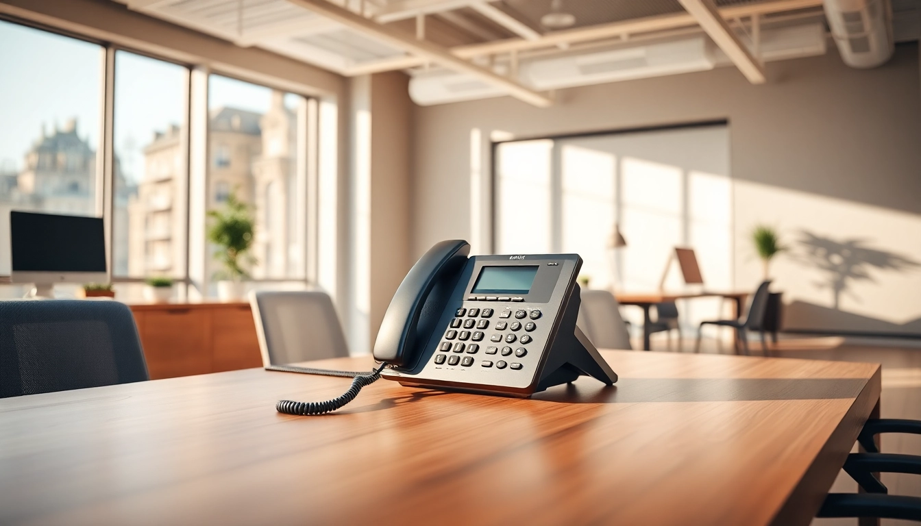 Showcasing telephone systems in a modern office setup with sleek design and natural lighting.