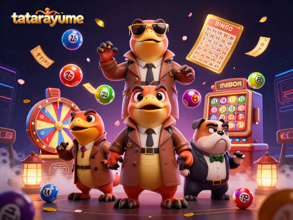 Experience the vibrant excitement of tatarayume with three raptors in a trench coat entering a VIP casino lounge.