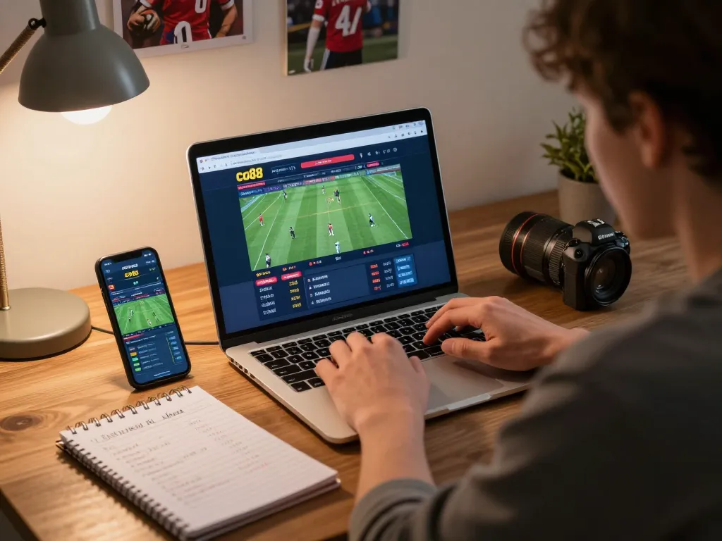 Person using co88 sports betting interface on laptop at a stylish desk, showing strategic engagement.