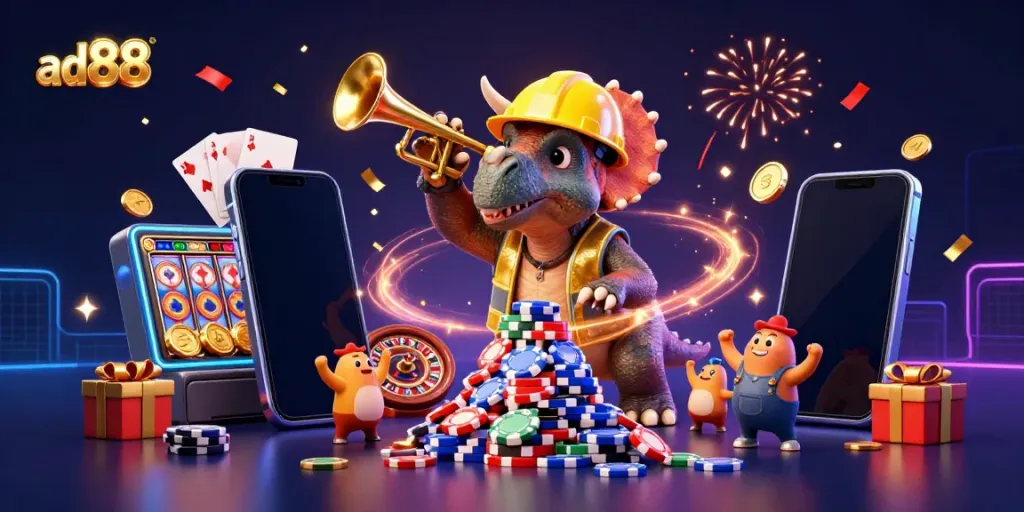 Engage in thrilling gaming at ad88 featuring vibrant cartoon dinosaurs and exciting casino elements!