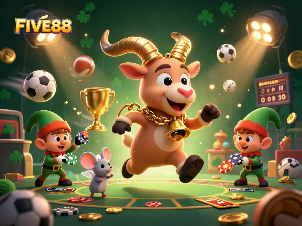Experience FIVE88's thrilling casino atmosphere with festive characters immersed in a vibrant gaming scene.
