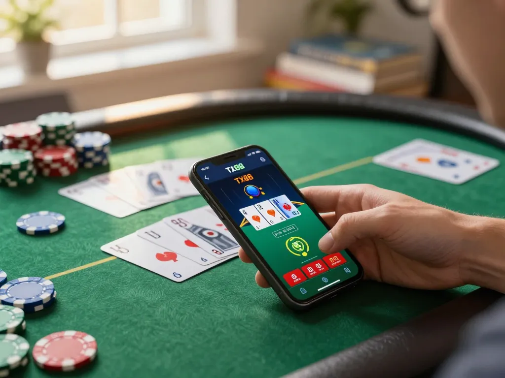 Engaged player using Tx88 app for online gambling with colorful poker setup at home