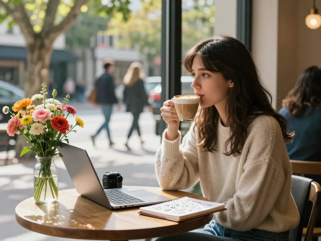 A young woman reflecting on her feelings while enjoying coffee at a café, illustrating the concept of having a crush on someone.
