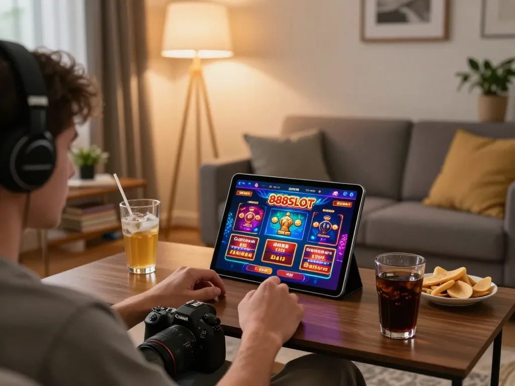 Player enjoying 888SLOT online gaming at home, focusing on gameplay with snacks nearby.