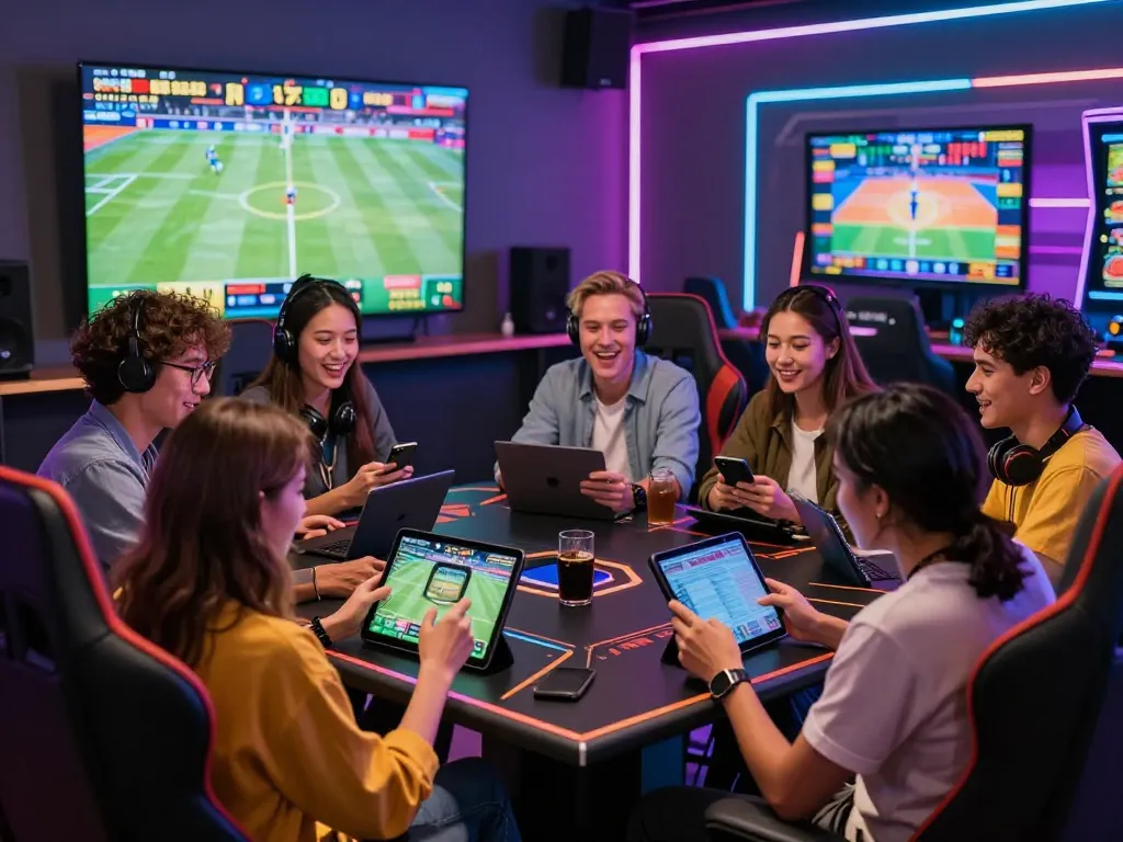 Engaged friends experiencing the excitement of FABET online betting with vibrant visuals and live sports.