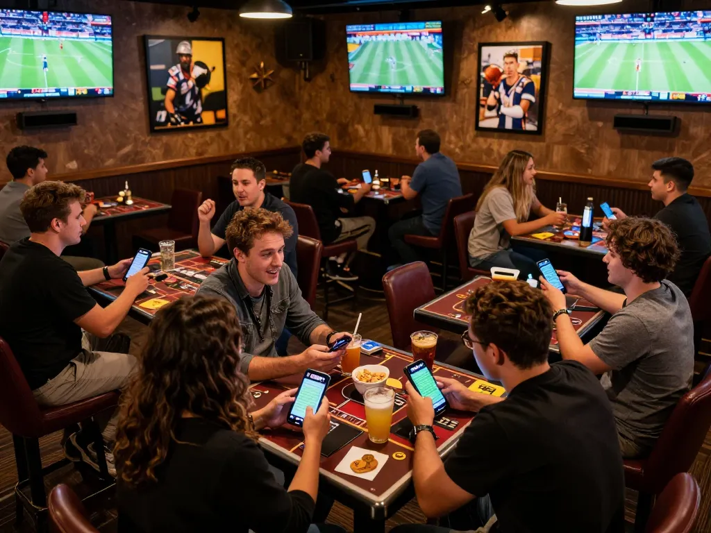 Excited sports fans engaging in betting via 11BET during a lively sports event at a vibrant casino bar.