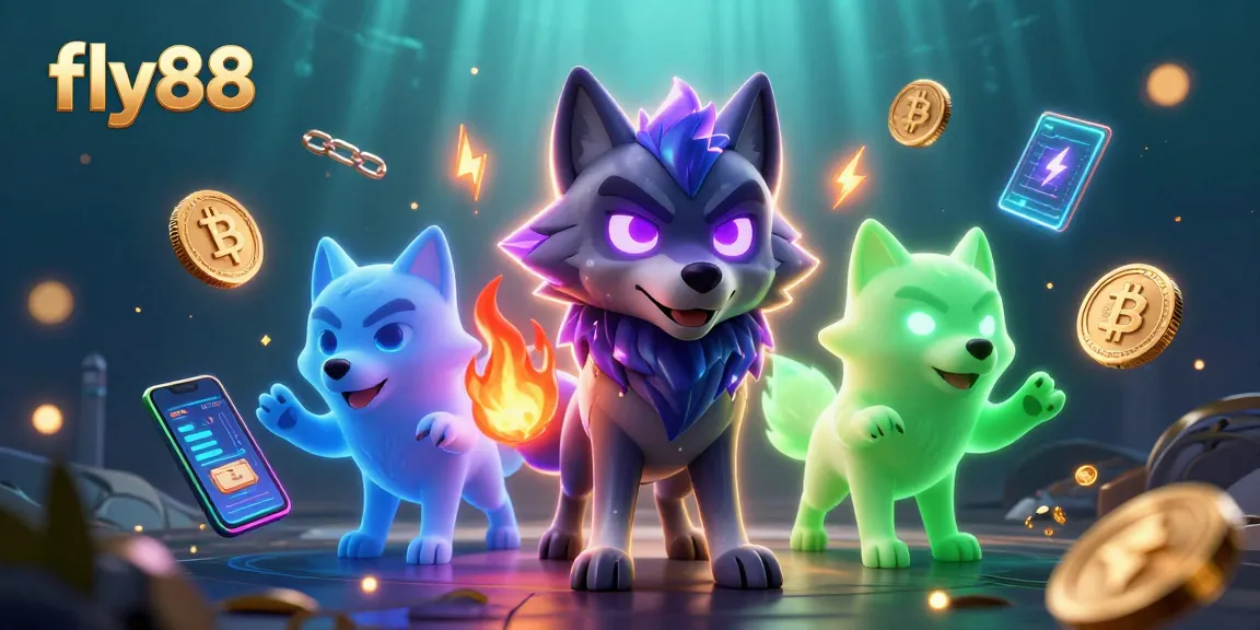 Engage with fly88's vibrant gaming scene featuring a shadow wolf pack in a neon-lit crypto casino.