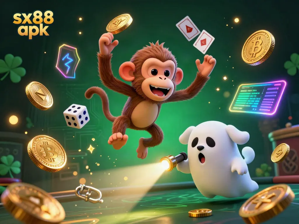 Engage with sx88 apk's thrilling offerings as a playful poltergeist monkey juggles coins and cards in a haunted casino.