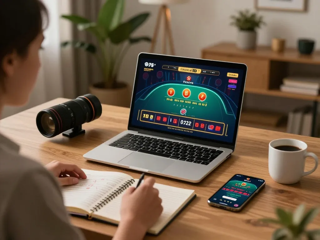Engaging in live baccarat on bin88 with strategic betting notes in a cozy home office