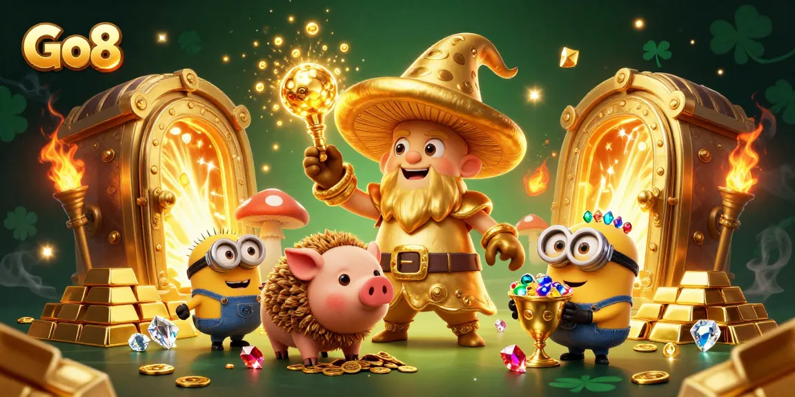 Play thrilling Go8 casino games with golden magical elements and treasures in a vibrant illustration.