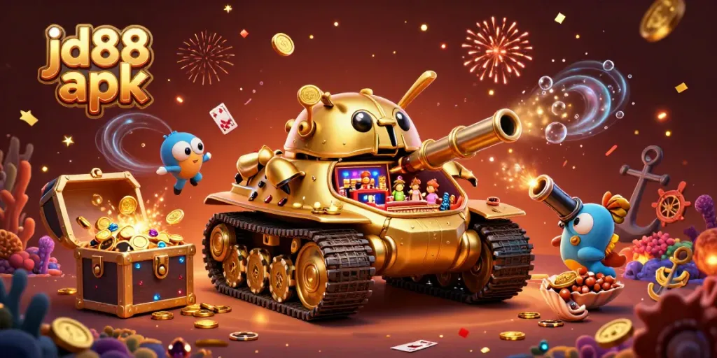 Engage in the vibrant jd88 apk casino experience with a dynamic 3D illustration of golden beetle tank, bursting treasures, and celebratory effects.