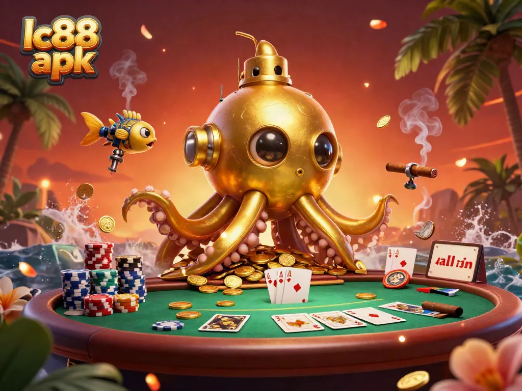 Experience the excitement of lc88 apk with a dynamic scene of a golden kraken submarine amidst poker gaming elements.