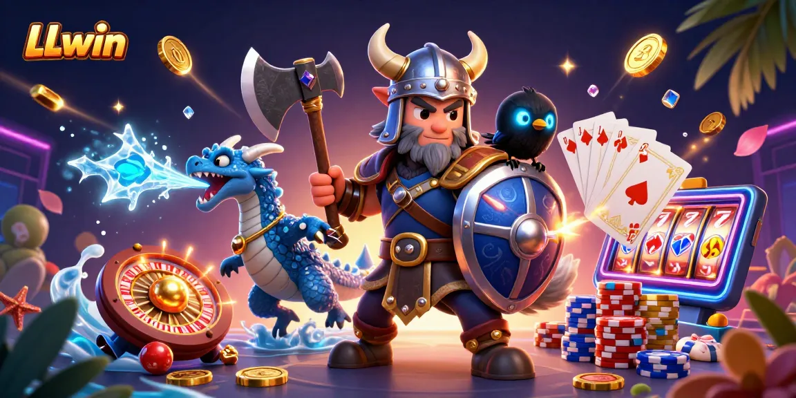 Experience LLwin's vibrant casino scene with a Viking wolf warrior and dynamic gaming elements.