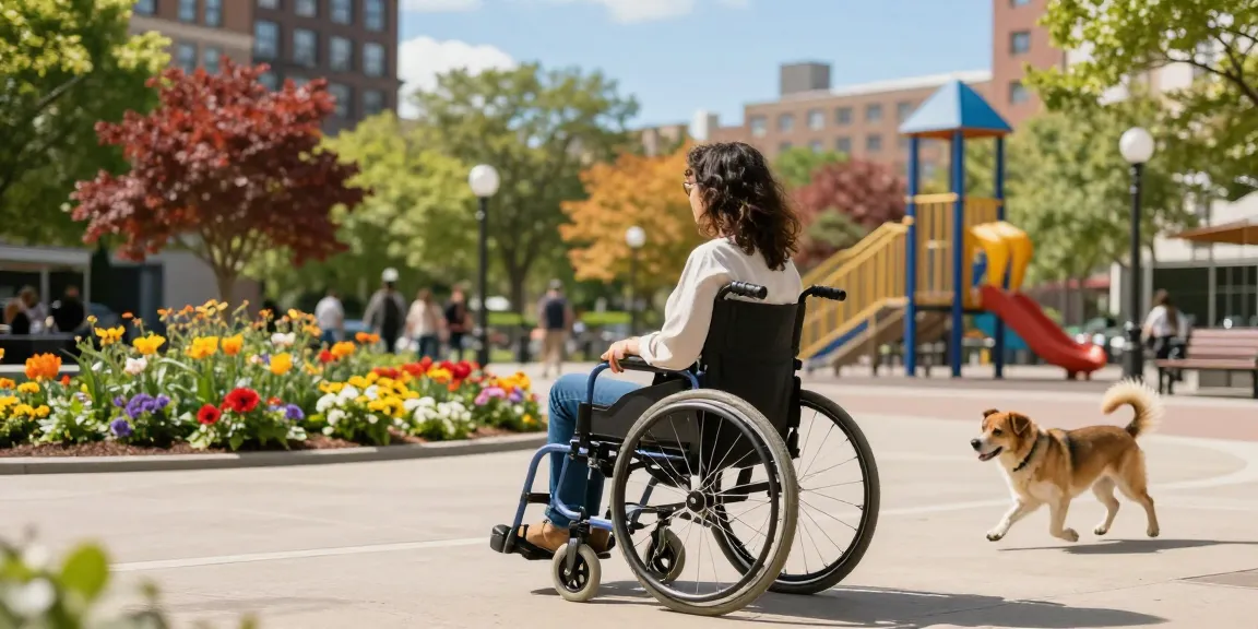 Wheelchairs in an urban park with vibrant scenery, showcasing accessibility and joy.