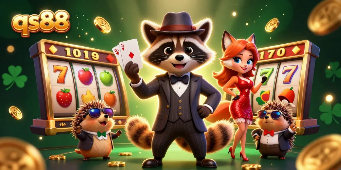 Spin to win at qs88, where a raccoon, fox, and hedgehog celebrate jackpot wins amidst golden coins.