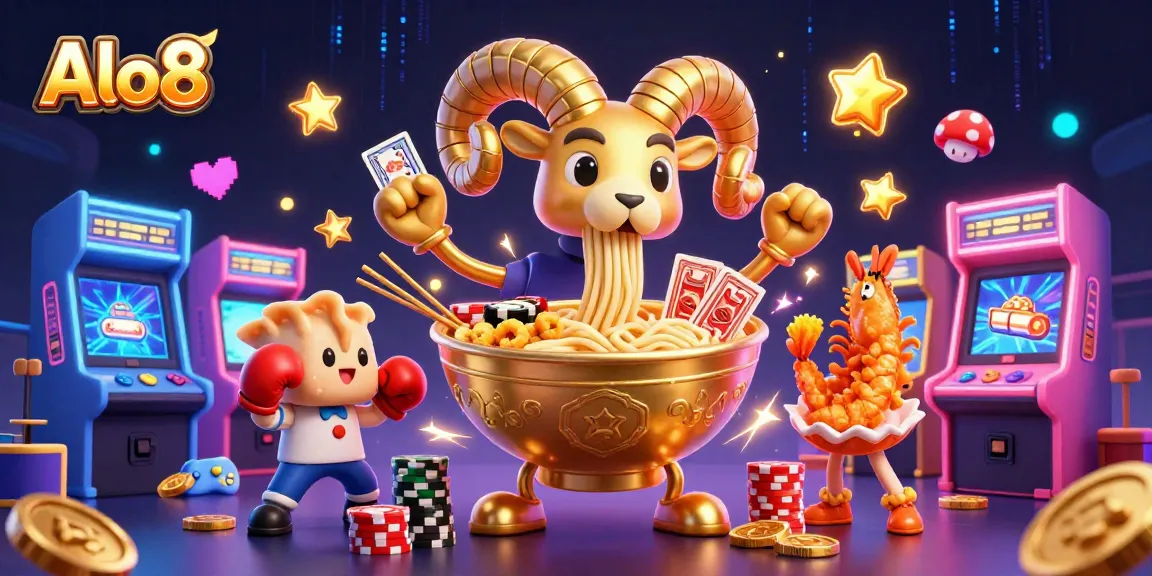 Alo8 engages players with an entertaining scene featuring a giant ramen bowl and colorful casino elements.