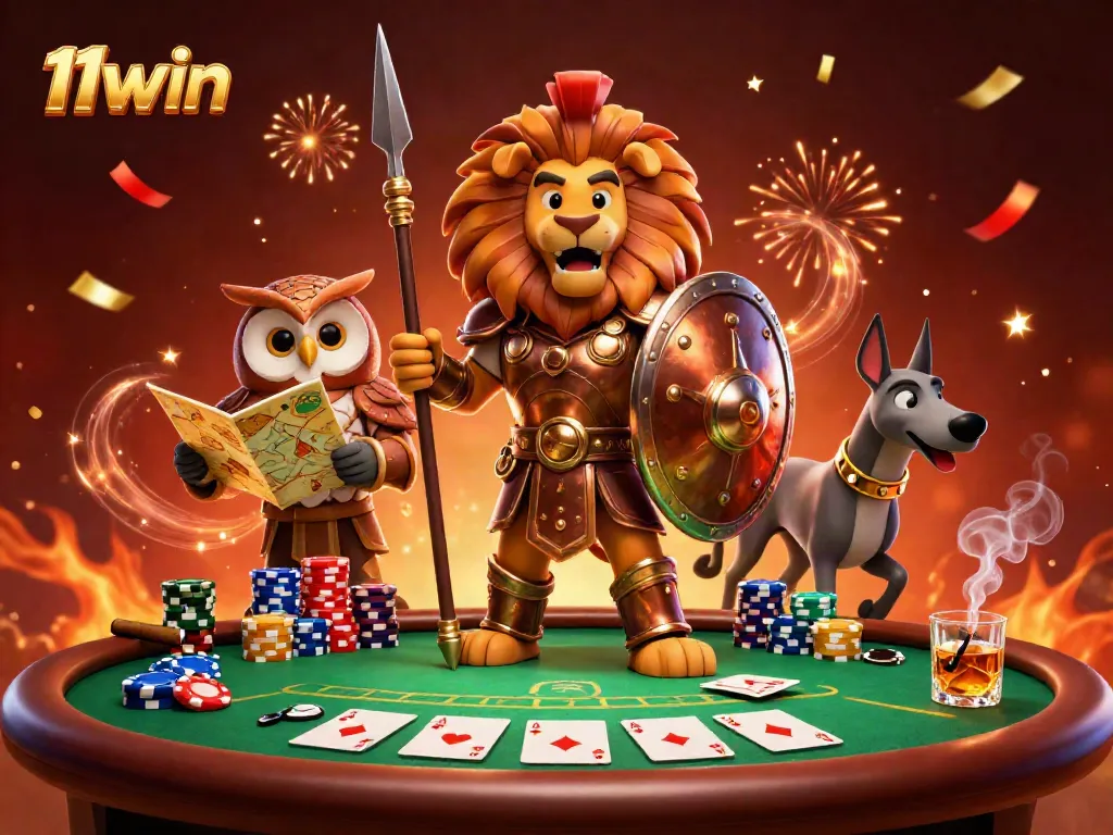 Engage with thrilling poker action at 11win, featuring a Spartan lion, owl strategist, and greyhound messenger.